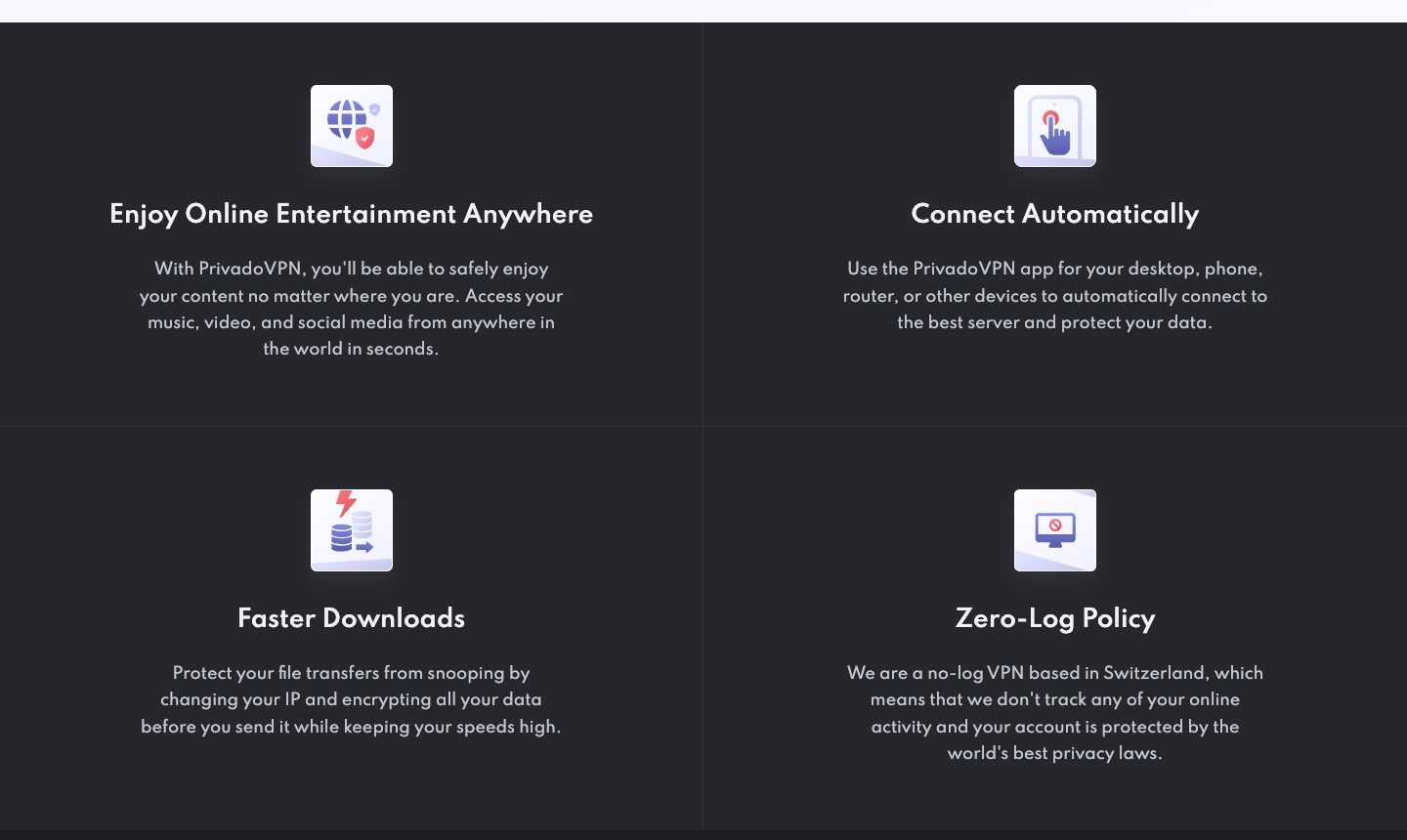 privadovpn.com/features/ four-up feature grid: Enjoy Online Entertainment Anywhere, Connect Automatically, Faster Downloads, Zero-Log Policy