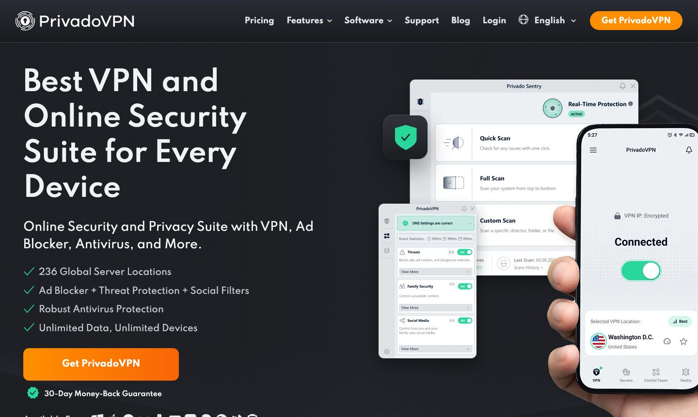 privadovpn.com homepage hero: “Best VPN and Online Security Suite for Every Device”, 236 Global Server Locations, Unlimited Data, Unlimited Devices